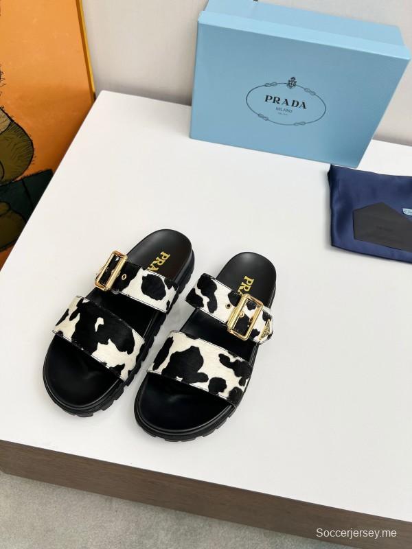 2025 Women Prada Black White Calf Hair Leather Sandals LY00260
