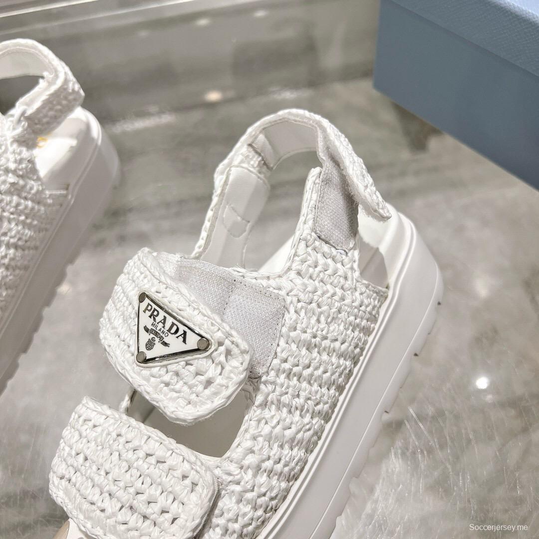 2025 Women Prada White Knitted Platform Sandals