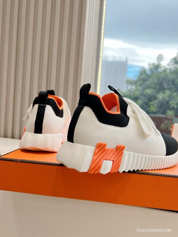 2024 Unisex Hermès Black White Orange Calfskin Suede Knitted Sneakers MJ00290