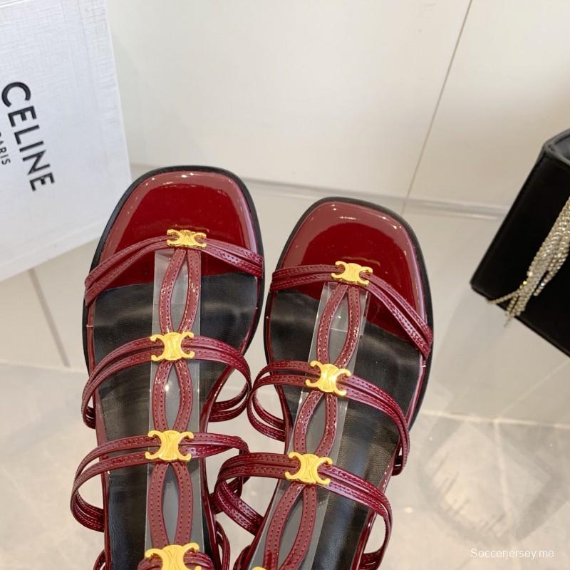 2025 Women Celine Burgundy Patent Leather Sandals KFY00300