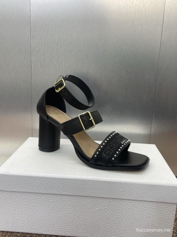 2025 Women Dior Black Leather Sandals Studded KFY00320