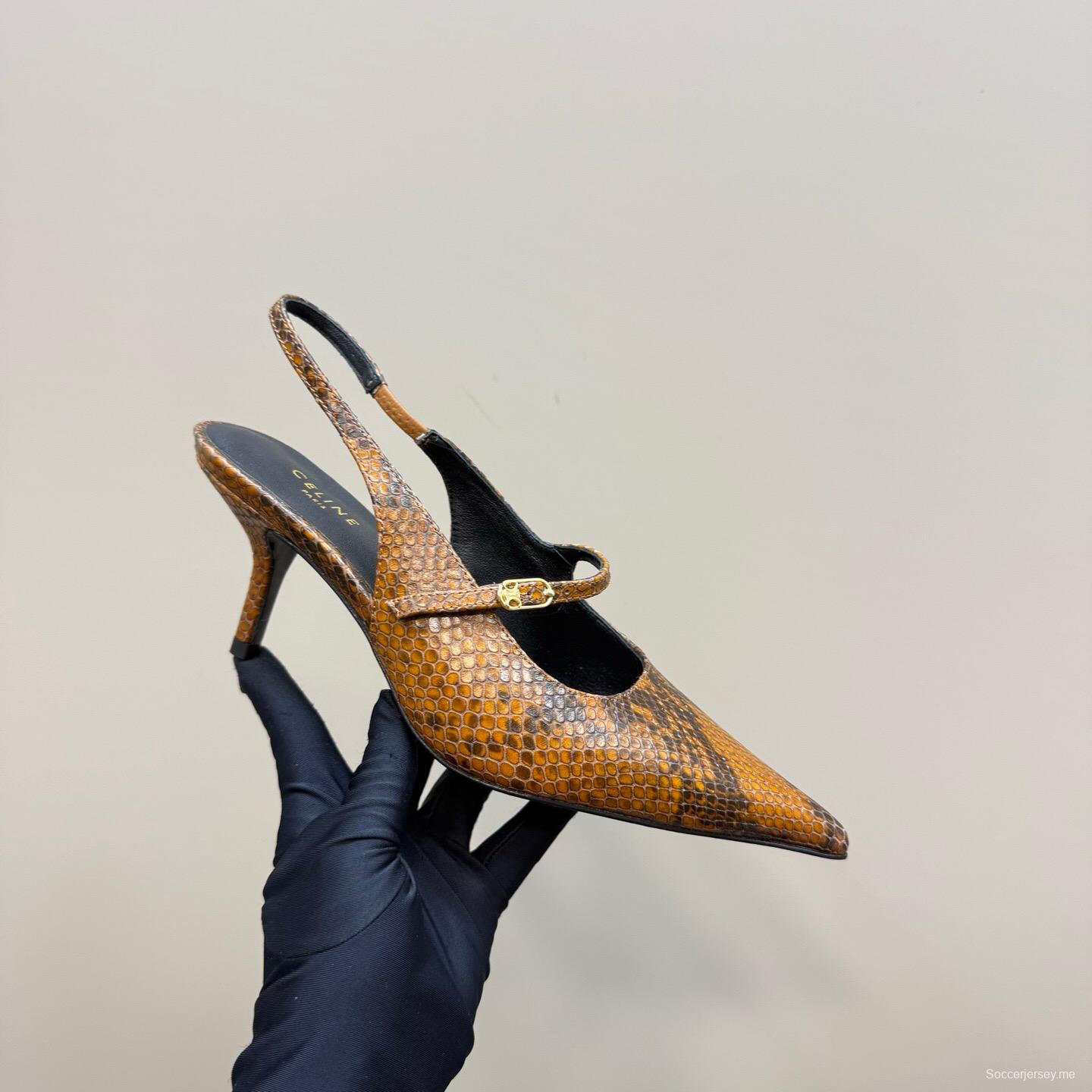 2025 Women Celine Brown Snake Leather Pointed Toe Slingback Heels