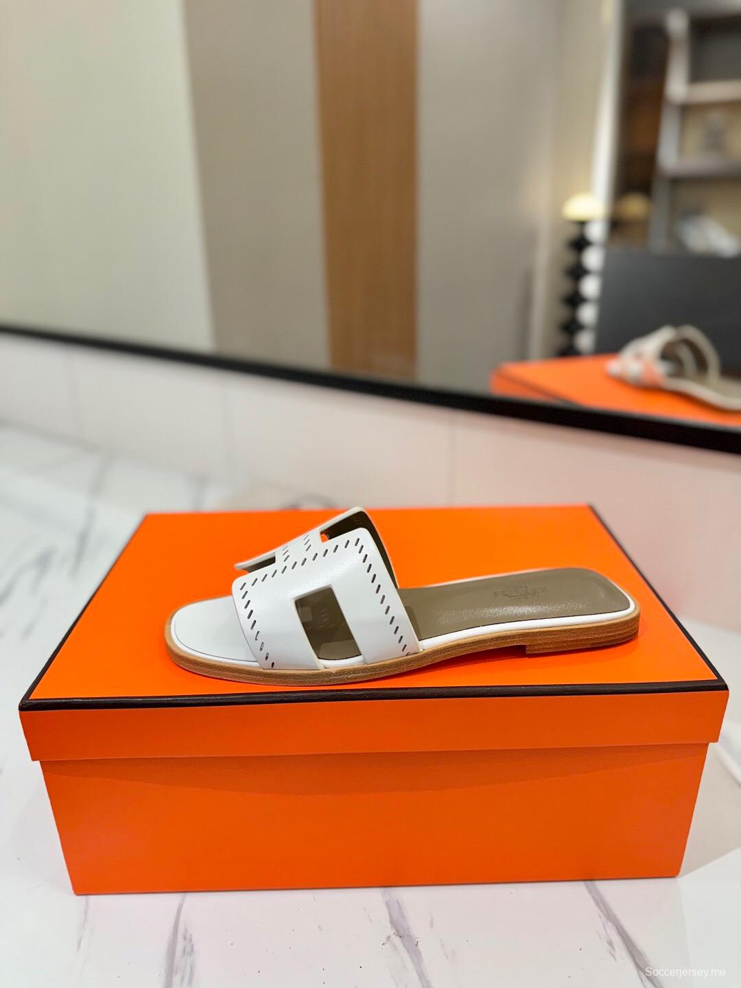 2025 Women Hermès White Leather Slippers