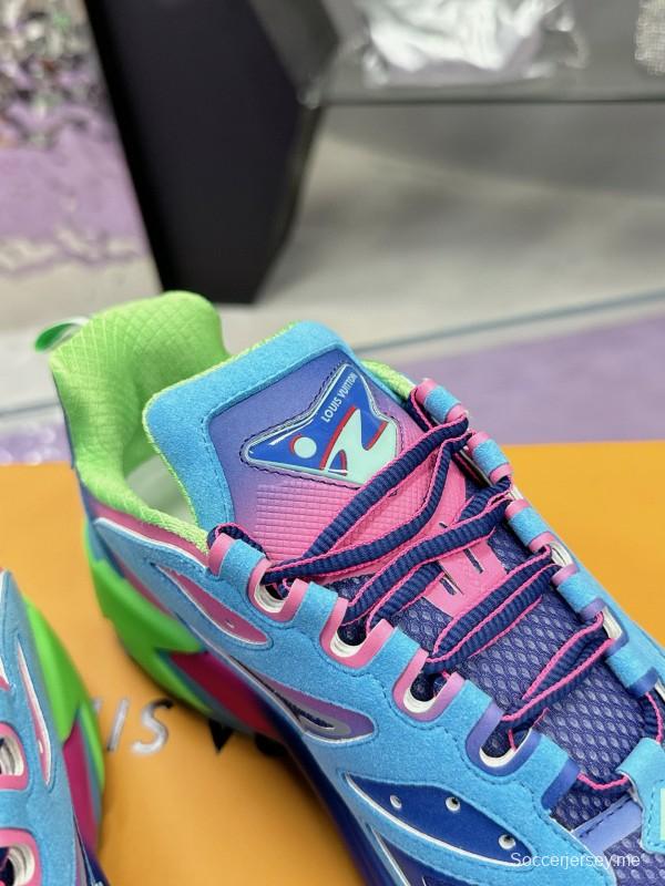 2025 Men Louis Vuitton Blue Pink Green Mesh Leather Sneakers MJ00420