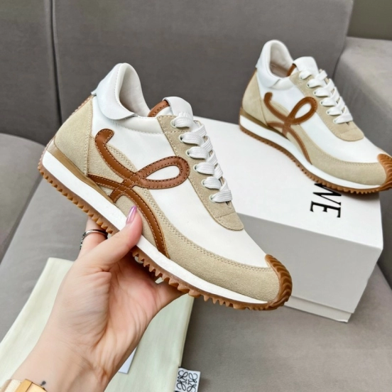 2025 Unisex Loewe White Beige Brown Leather Fabric Sneakers LY00270