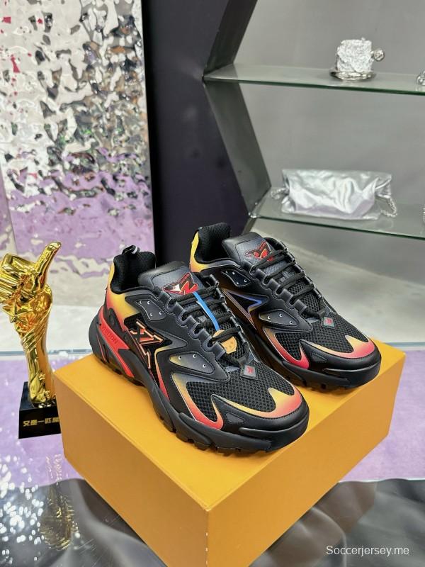 2025 Men Louis Vuitton Black Yellow Orange Mesh Leather Sneakers MJ00420