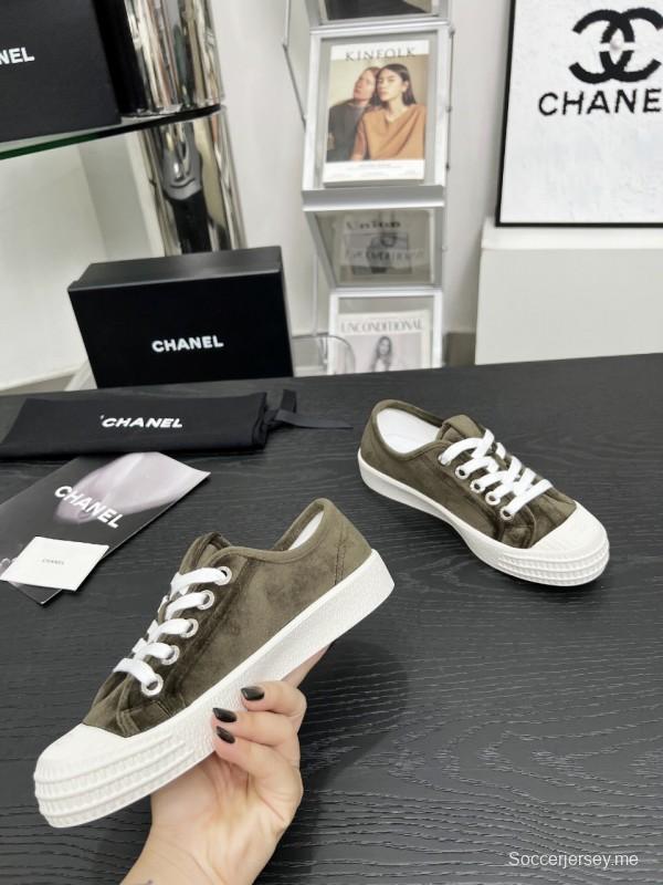 2025 Women Chanel Army Green Suede Casual Sneakers
