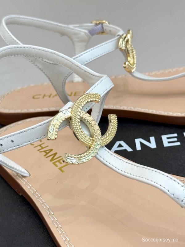 2025 Women Chanel White Leather Sandals KFY00290