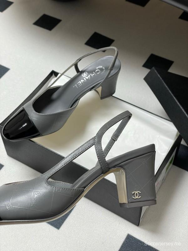 2025 Women Chanel Grey Black Leather Sling-back Heel