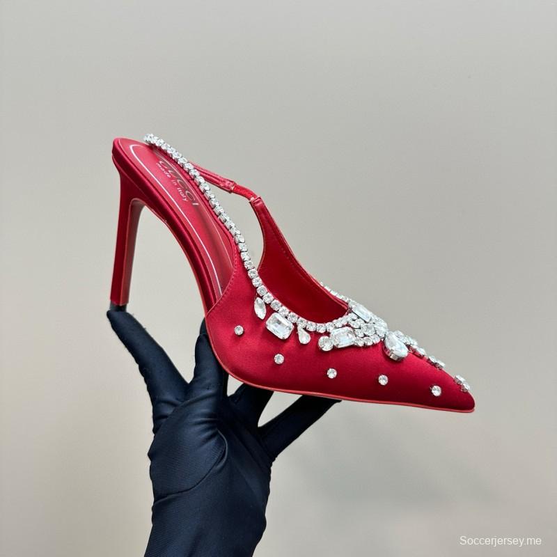 2025 Women Gucci Red Satin High Heel Slingback Crystal MJ00340