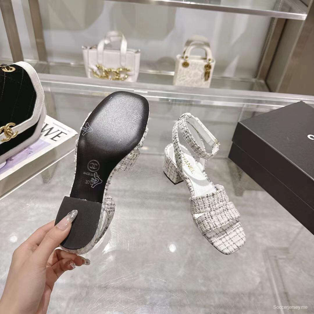 2025 Women Chanel White Black Tweed Leather Sandals LY00280