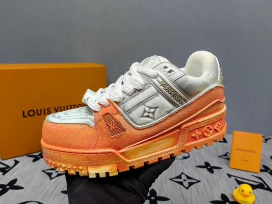 2025 Unisex Louis Vuitton Orange White Denim Leather Plimsolls Complex Wash KFY00510