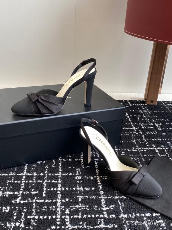 2025 Women Chanel Black Satin Leather High Heels Bow Slingback KFY00289
