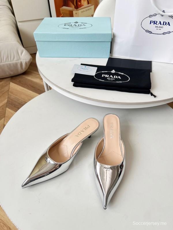 2025 Women Prada Silver Patent Leather Mules
