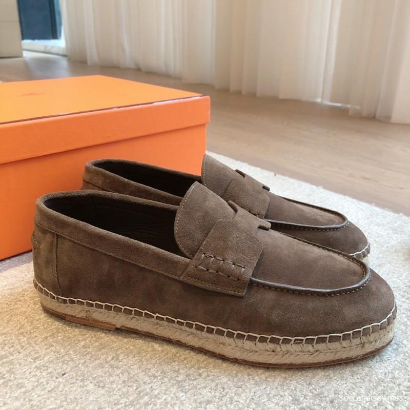 2025 Unisex Hermès Brown Suede Leather Loafers AS00380