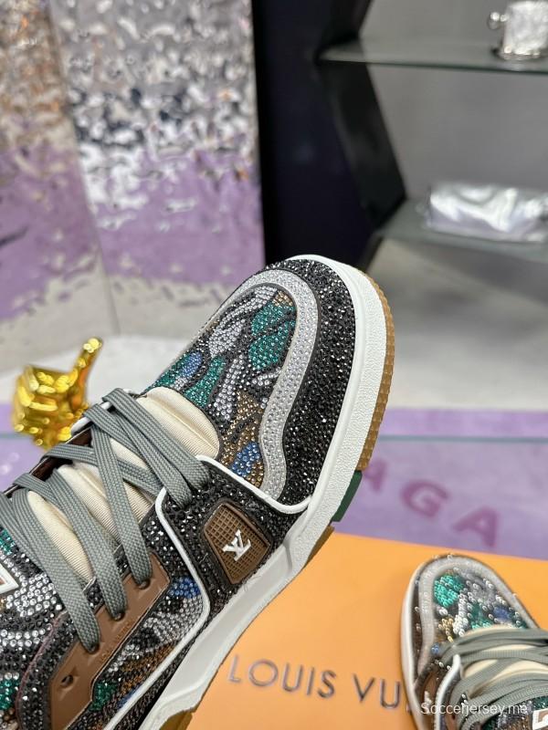 2025 Unisex Louis Vuitton Blue Grey Black Leather Fabric Sneakers Handcrafted Crystals AS00400