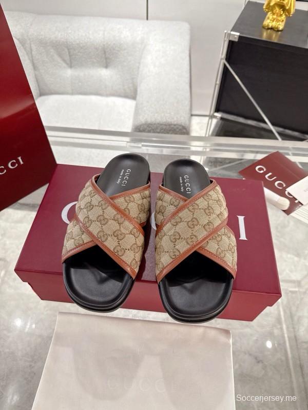 2025 Unisex Gucci Beige Brown Canvas Leather Slippers Double G Embossed AS00240
