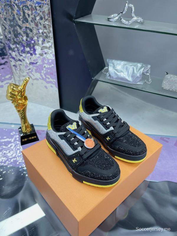 2025 Unisex Louis Vuitton Black Grey Yellow Leather Fabric Plimsolls Handcrafted Rhinestone AS00400