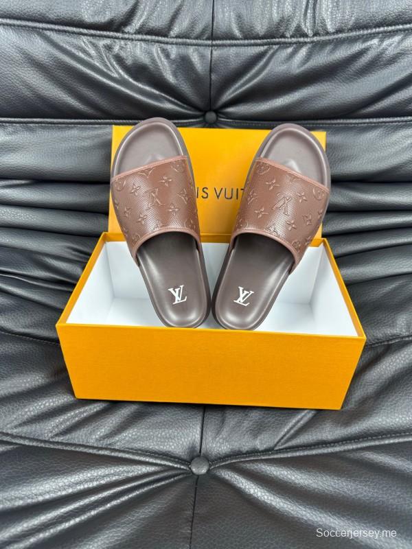 2025 Men Louis Vuitton Brown Leather Slippers AS00170