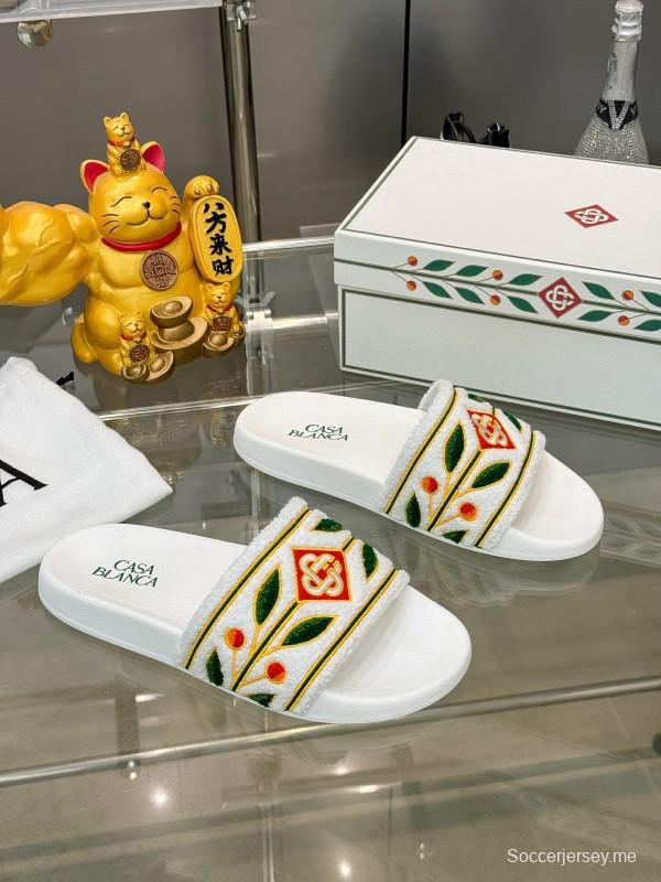 2025 Men CASA BLANCA White Green Red Embroidered Leather Slippers KFY00160