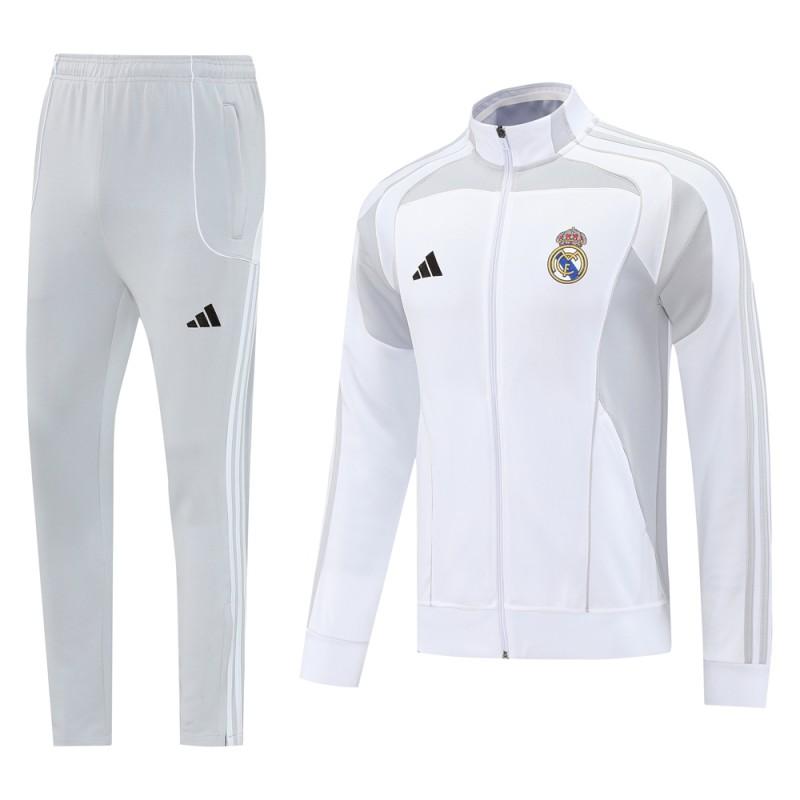 25/26 ريال مدريد جاكيت بسحاب كامل رمادي/أبيض + بنطلون طويل