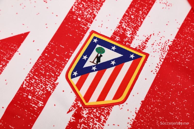 25/26 أتليتيكو مدريد أحمر/أبيض مخطط بأكمام قصيرة + شورت قصير الأكمام/أبيض