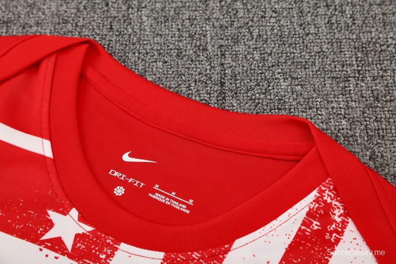 25/26 أتليتيكو مدريد أحمر/أبيض مخطط بأكمام قصيرة + شورت قصير الأكمام/أبيض