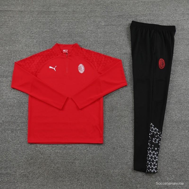 23/24 ميلان ميلان أحمر S-2XL سترة نصف سحاب + بنطلون طويل + بنطلون طويل