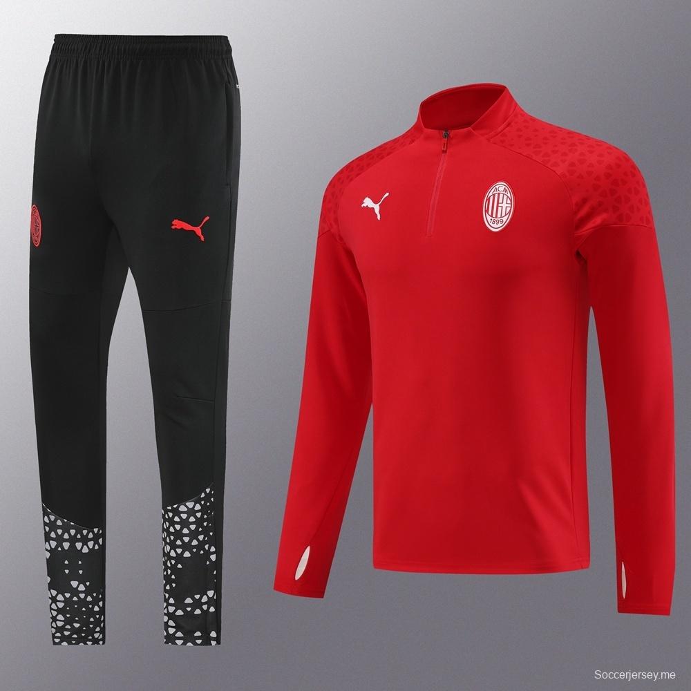 23/24 ميلان ميلان أحمر S-2XL سترة نصف سحاب + بنطلون طويل + بنطلون طويل