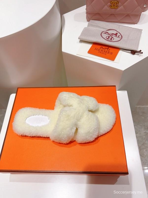 Hermes Teddy Wool H Slippers Flat Fur Slides - LY00240