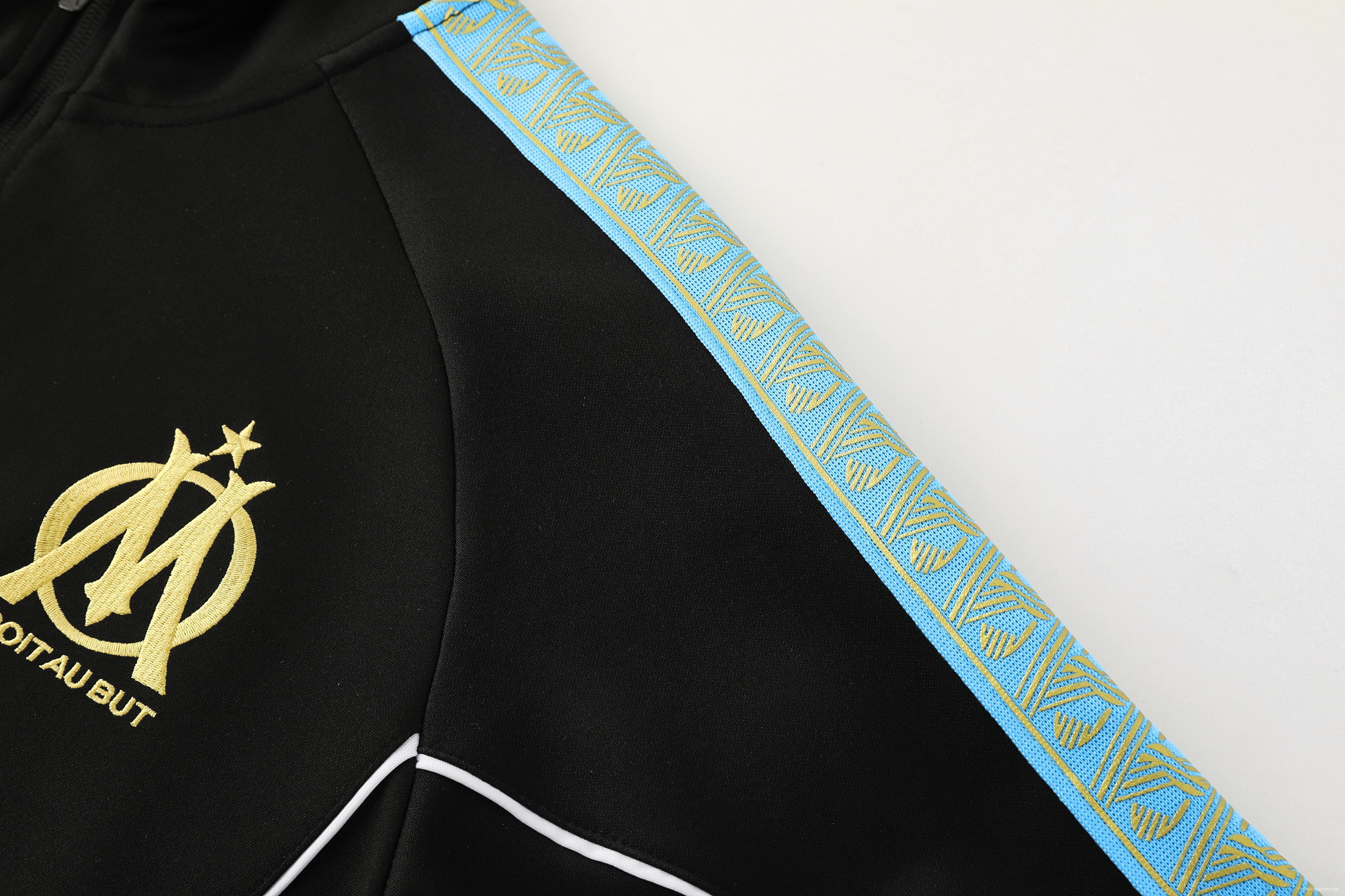 25/26 أولمبيك مارسيليا سترة رياضية سوداء بسحاب كامل + بنطلون طويل + سترة رياضية سوداء