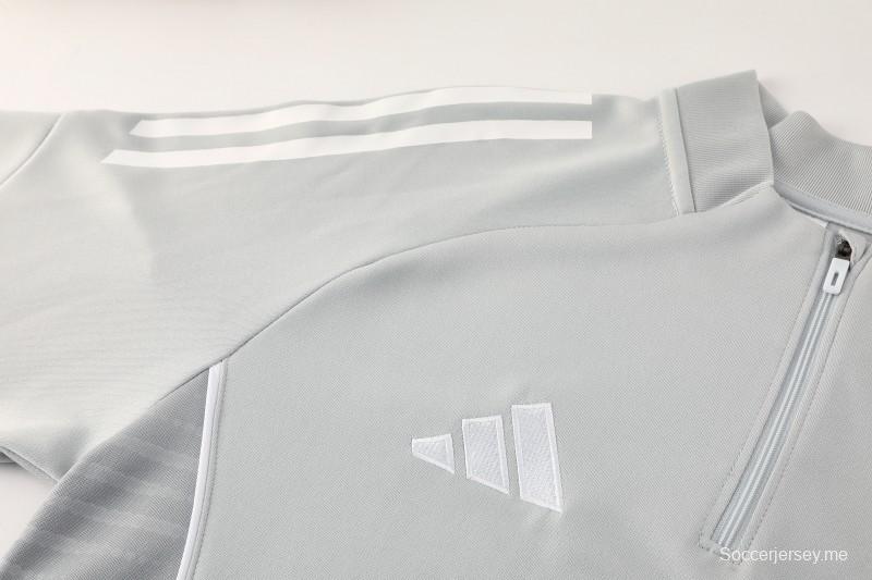 25/26 أديداس سترة رياضية بسحاب كامل رمادي فاتح + بنطلون طويل + أديداس 25/26