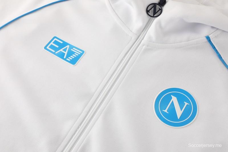 25/26 نابولي جاكيت رياضي أبيض بسحاب كامل + بنطلون طويل + جاكيت أبيض