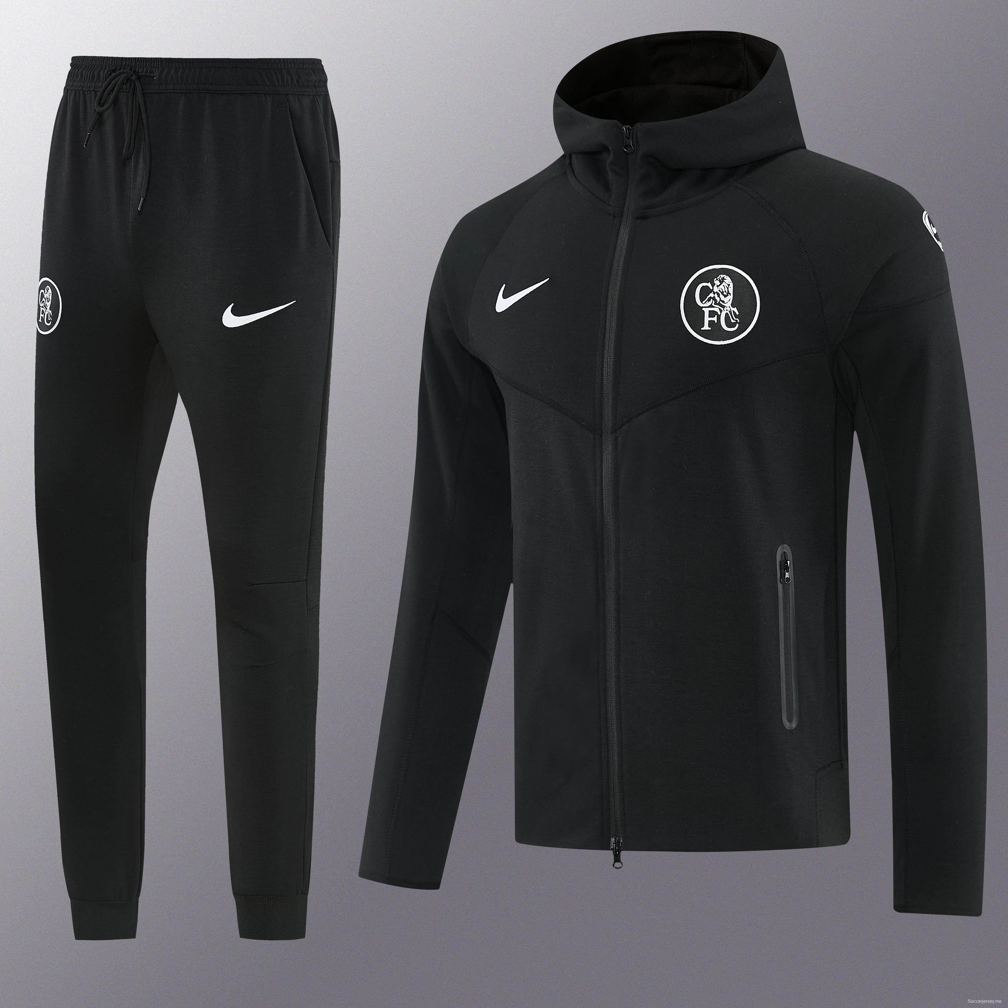 25/26 تشيلسي أسود كامل سحاب هوديي واقي من الرياح + بنطلون طويل