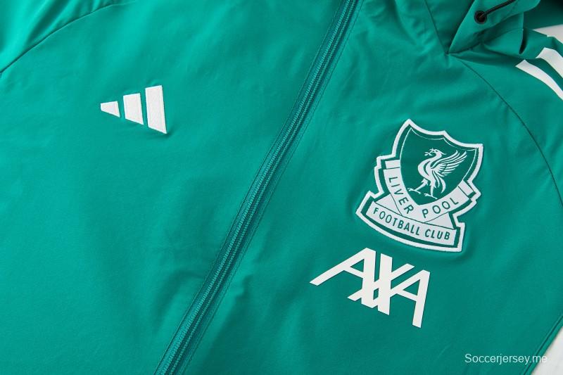 26/27 طقم رياضي من ليفربول باللون الأخضر مع سترة بغطاء رأس وسحاب كامل + بنطال طويل أسود