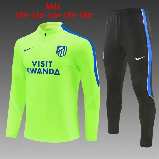26/27 أطفال  سترة رياضية من أتلتيكو مدريد باللون الأخضر الفلوري بسحاب نصف طول + بنطال طويل