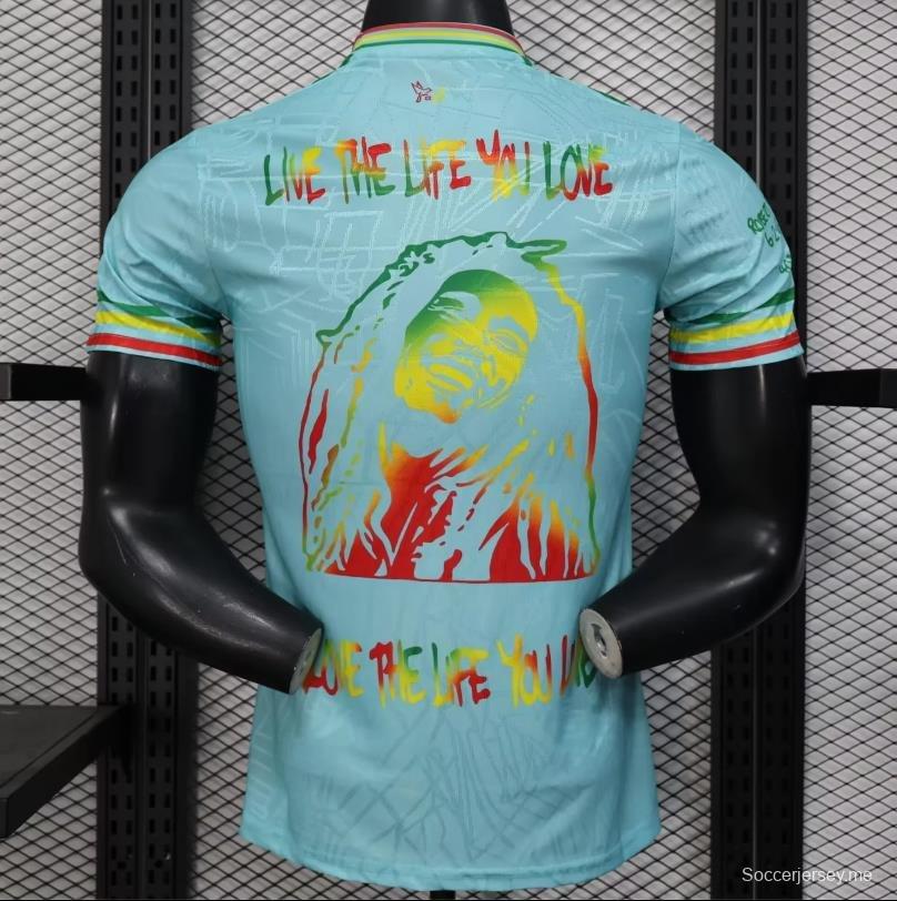 إصدار اللاعب 25/26 قميص أياكس 25/26 أزرق سماوي أزرق داكن مع قميص بوب مارلي التذكاري