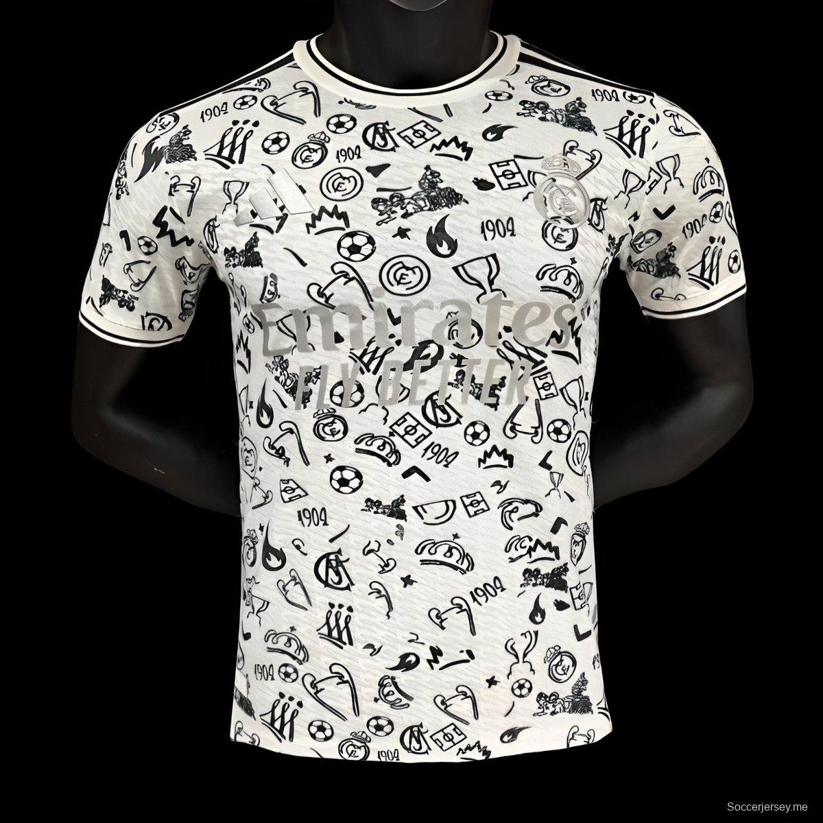 إصدار اللاعب 25/26 قميص ريال مدريد أبيض بنقشة أيقونات كرة القدم