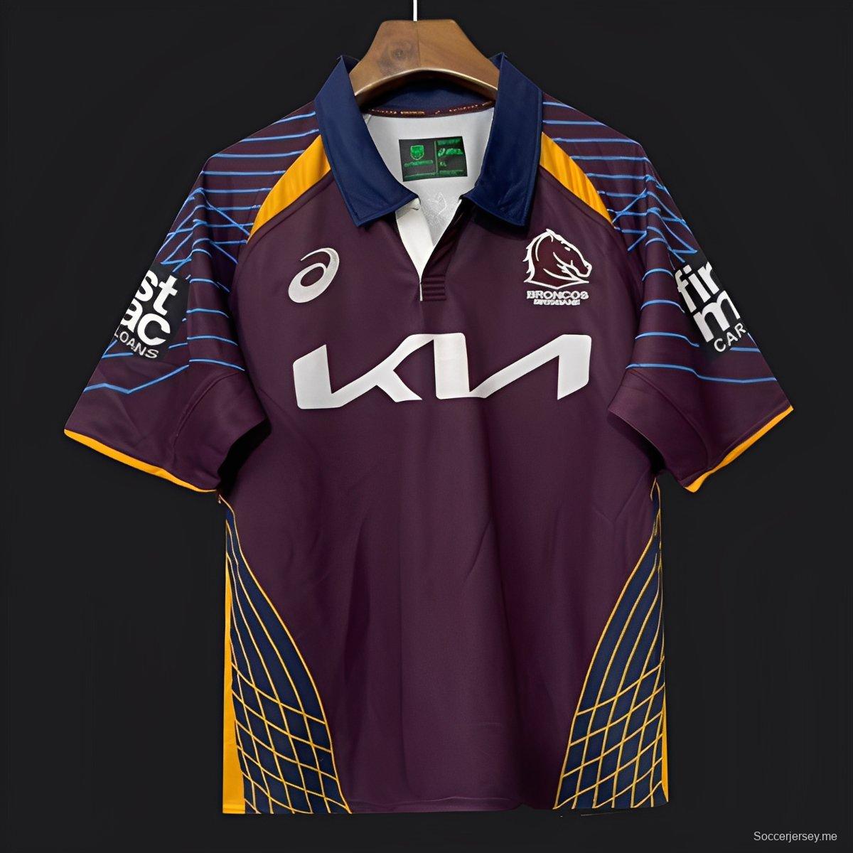 25/26 Brisbane Broncos Maroon with Blue Striped Sleeves and Gold Geometric Jersey