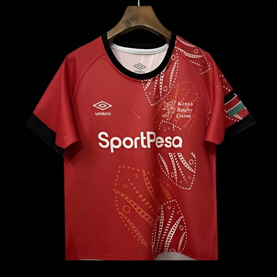 2026 قميص قميص كينيا أحمر بنقوش قبلية بيضاء منقوشة بنقاط بيضاء