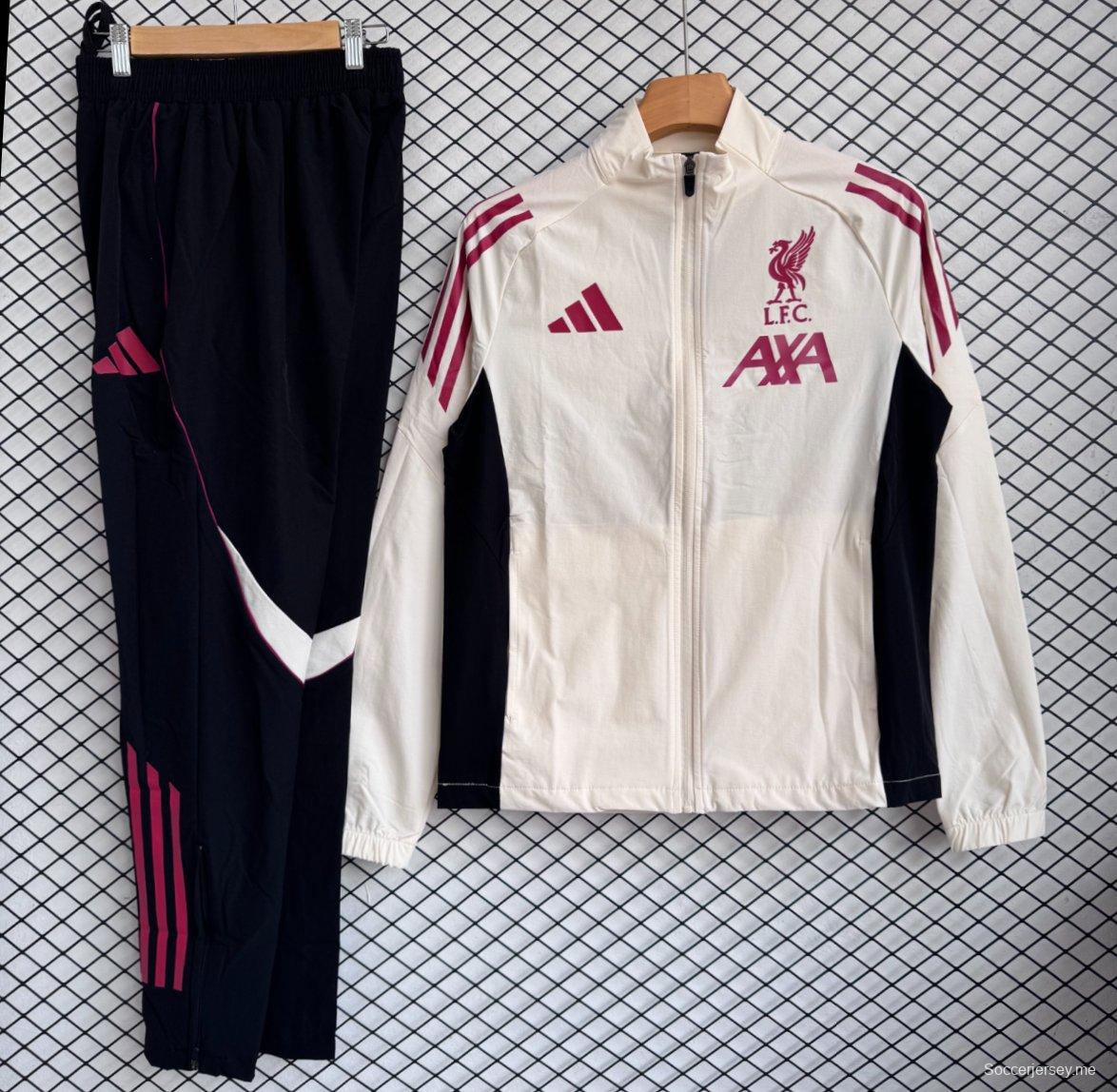 25/26 ليفربول سترة واقية من الرياح بسحاب كامل باللونين الكريمي/الأحمر + بنطال طويل