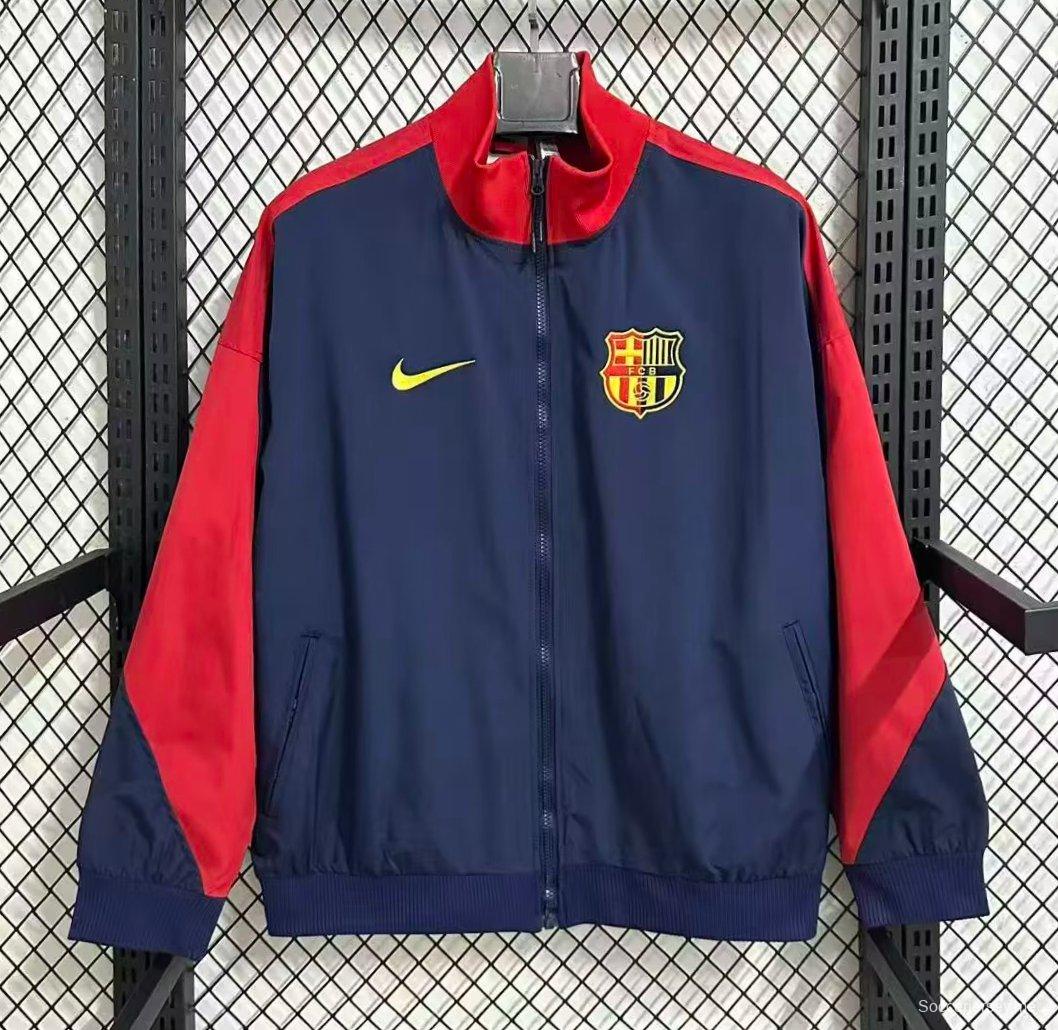 25/26 برشلونة بلون أزرق كحلي مع سحاب كامل بلون أحمر سحاب كامل سحاب سترة واقية من الرياح