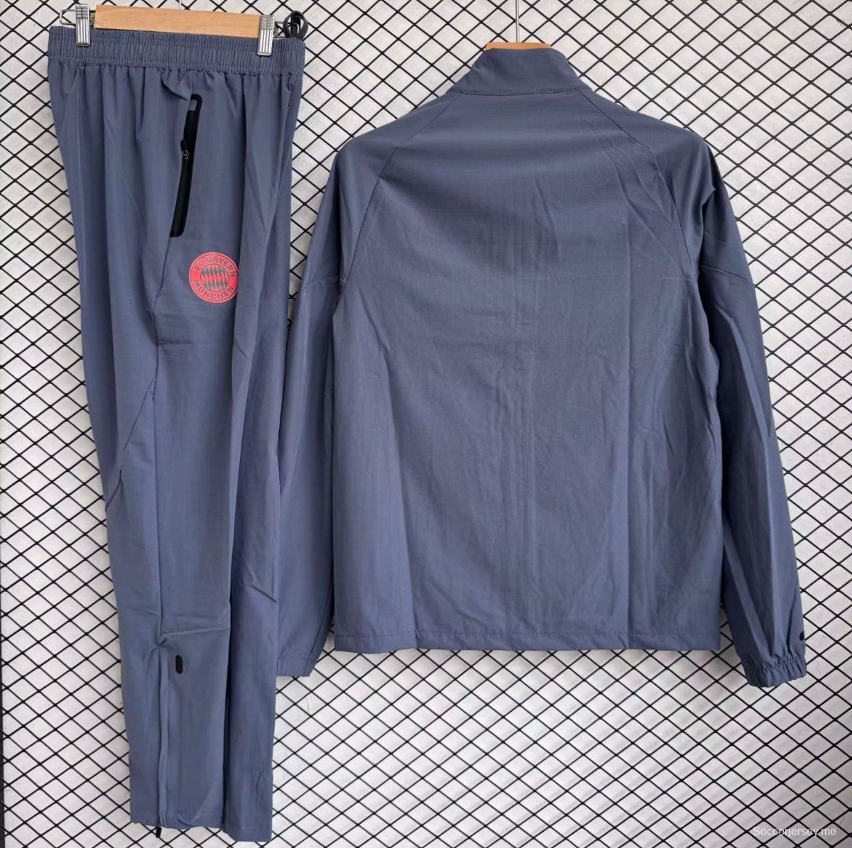 25/26 بايرن ميونيخ رمادي مع أحمر سحاب كامل سترة تراكيز + بنطلون طويل